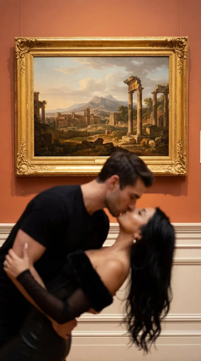 Cinematic Museum Romance Dip-Kiss Editorial Prompt - Nano Banana Pro AI Prompt for Social Media Post reference