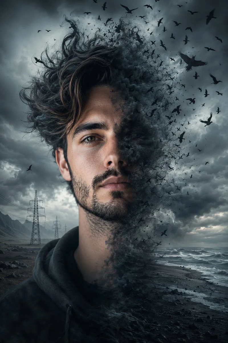 Cinematic Double Exposure Storm Portrait reference