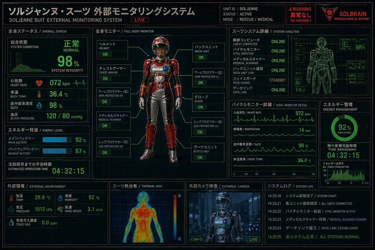Futuristic Rescue Suit Monitoring HUD reference