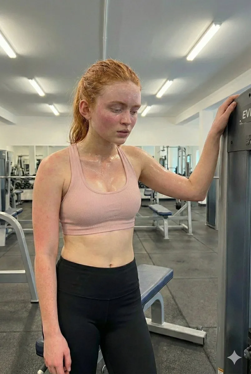 Photorealistic Post-Workout Selfie of Sadie Sink - Nano Banana Pro AI Prompt for Social Media Post reference