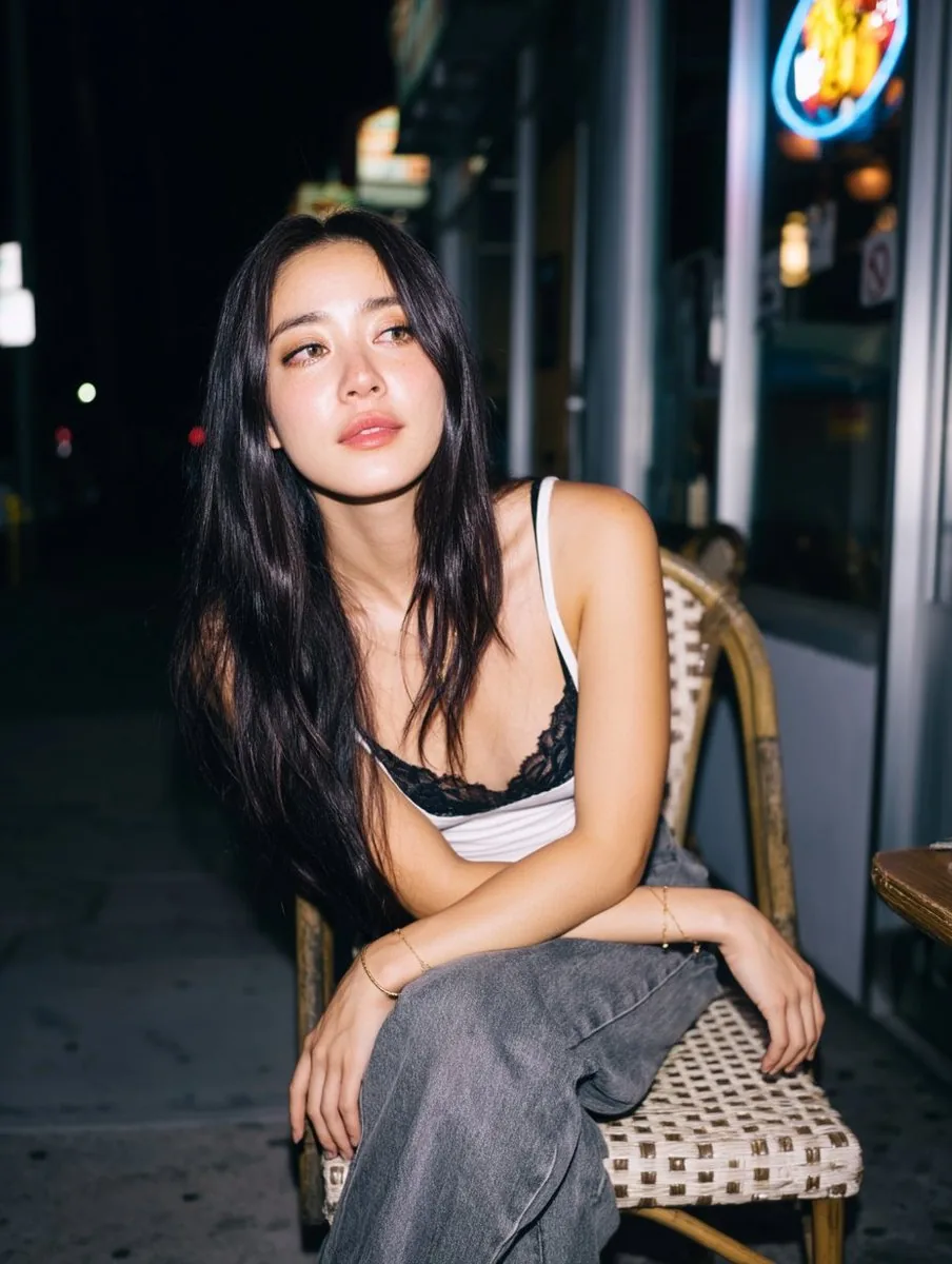Candid Nighttime Street Portrait with Flash Photography Aesthetic reference