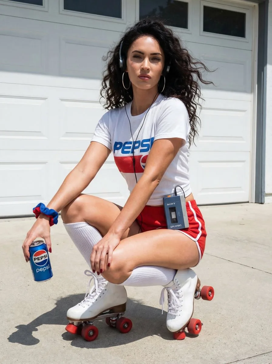 80s Retro Athleisure Megan Fox Roller Skates - Nano Banana Pro AI Prompt for Social Media Post reference