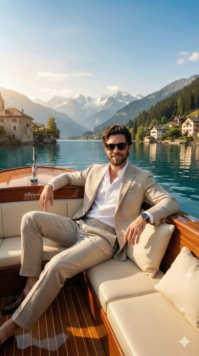 Luxury Boat Alpine Lake Editorial Photo Prompt reference