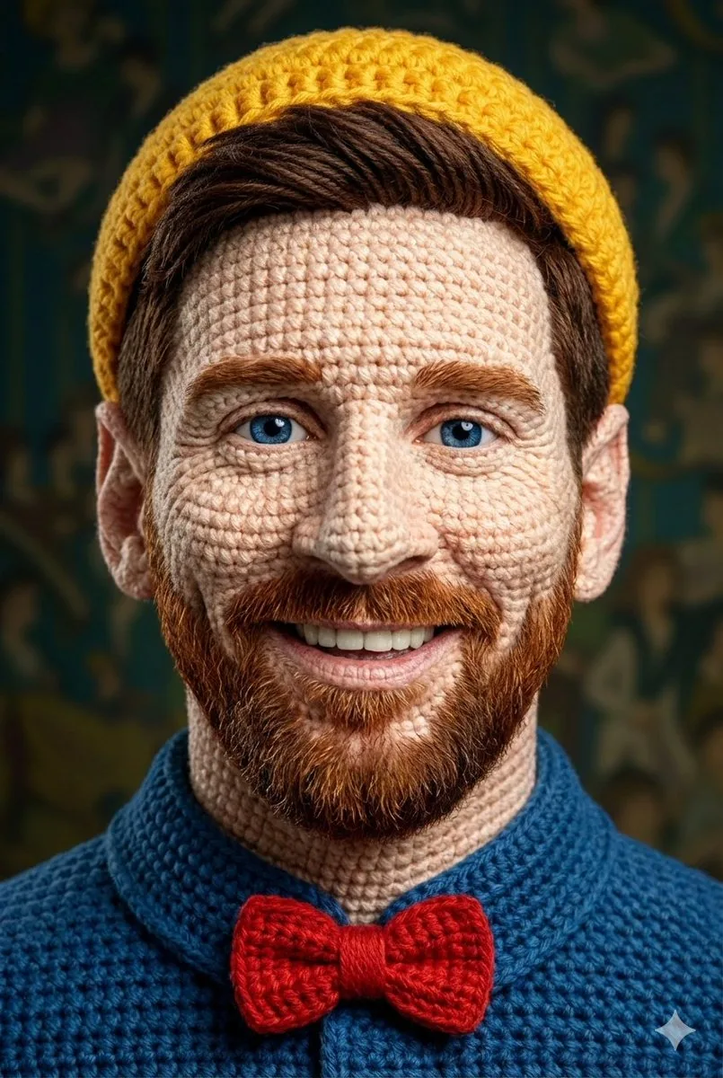 Hyper-Detailed Crocheted Portrait of a Legend - Nano Banana Pro AI Prompt for Game Asset reference