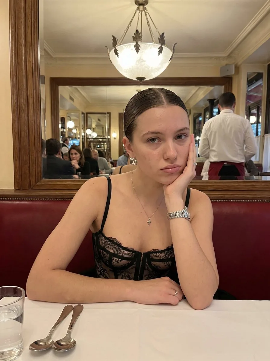 Warm-Lit Bistro Portrait of a Young Woman - Nano Banana Pro AI Prompt for Social Media Post reference