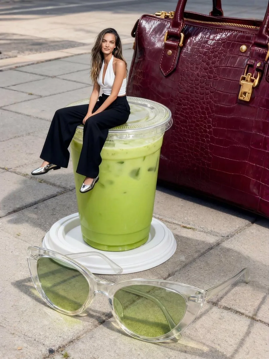 Photorealistic Miniature Woman on Milkshake Cup reference
