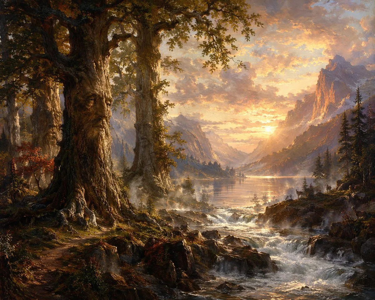 Ancient Tree Guardians at Sunset reference