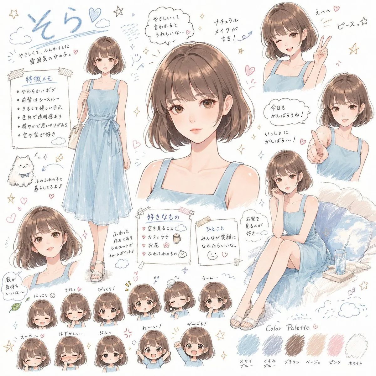Pastel Bob-Haired Girl Character Sheet reference