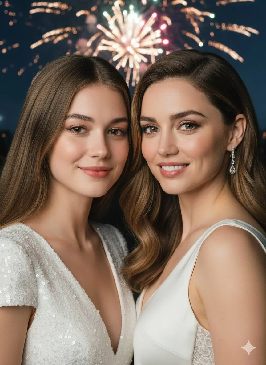 New Year Celebrity Portrait Merge Prompt (Ana de Armas) - Nano Banana Pro AI Prompt for Social Media Post reference