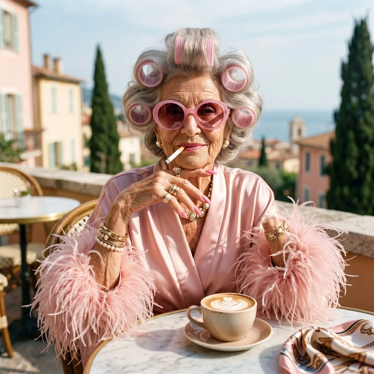 Eccentric Elderly Woman Cafe Portrait - Nano Banana Pro AI Prompt for Social Media Post reference