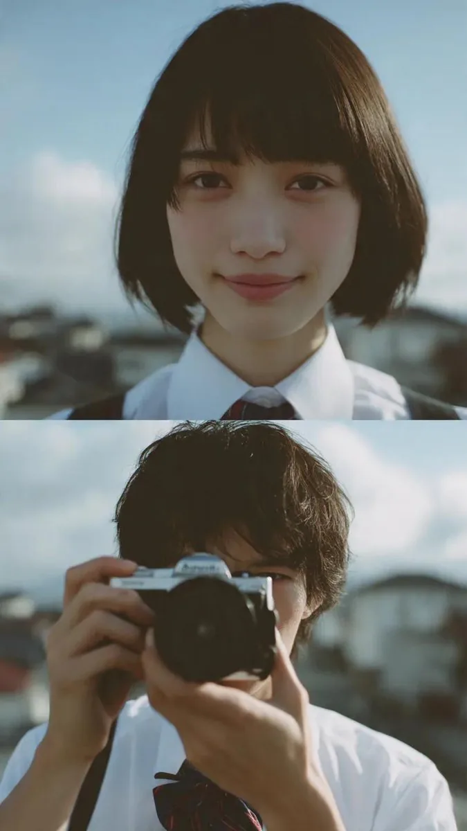 Cinematic diptych of teenagers on a rooftop reference