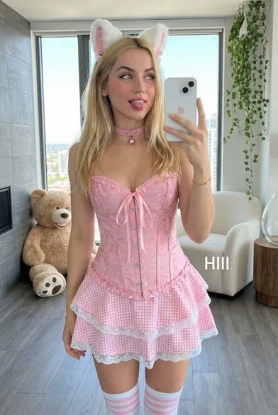 Playful Mirror Selfie with Cat Ears and Pink Brocade Corset - Nano Banana Pro AI Prompt for Social Media Post reference