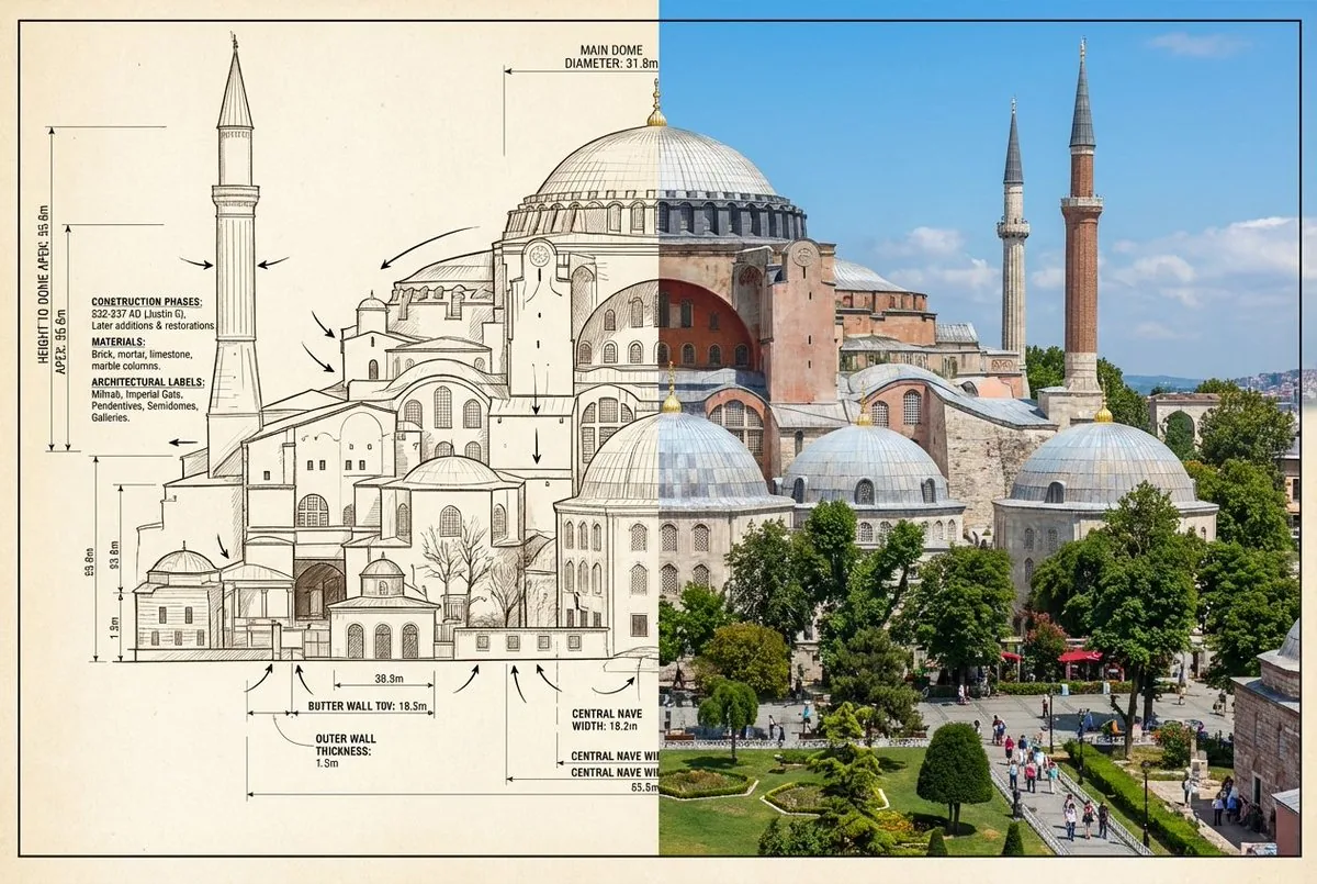Side-by-Side Architectural Comparison of Hagia Sophia - Nano Banana Pro AI Prompt for Infographic / Edu Visual reference