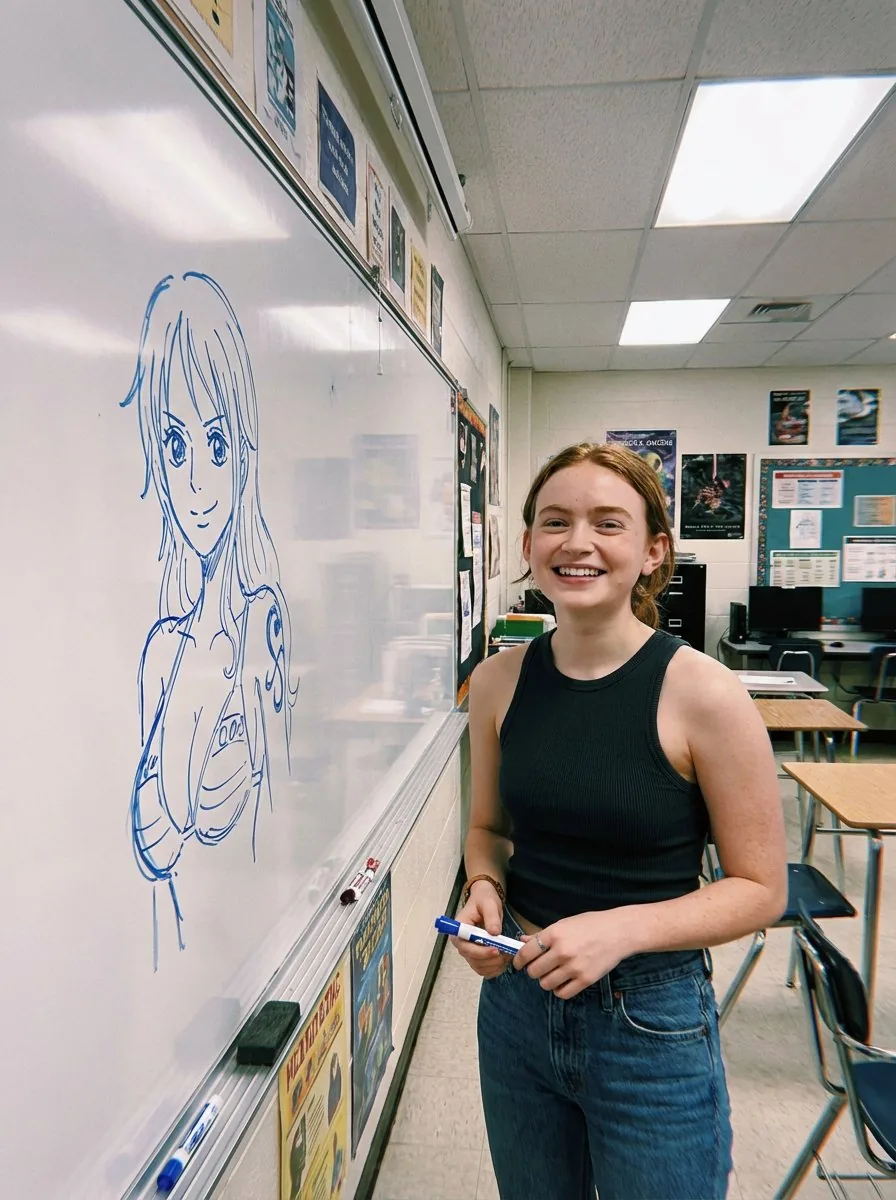 Candid Classroom Photo with Anime Sketch on Whiteboard - Nano Banana Pro AI Prompt for Social Media Post reference