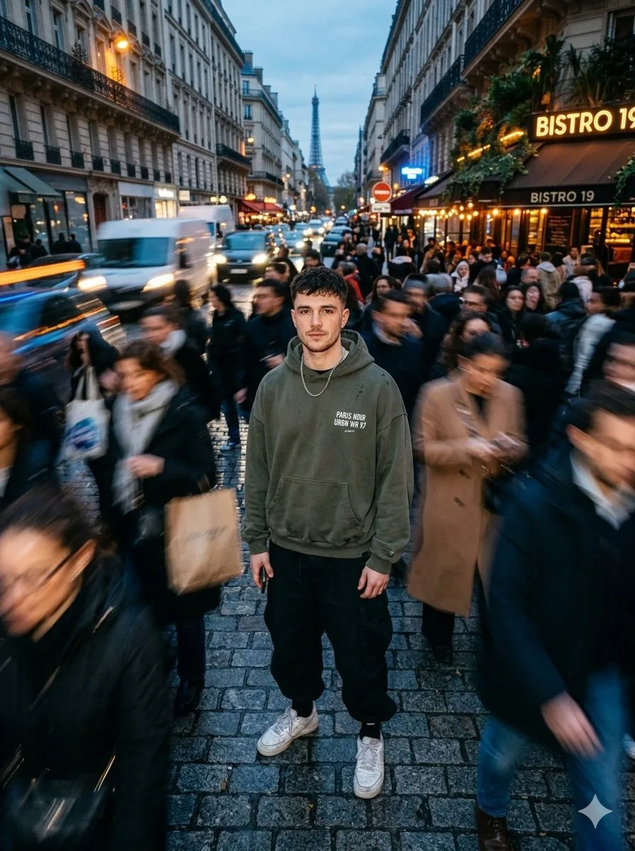 Streetwear Model in Paris Crowd reference
