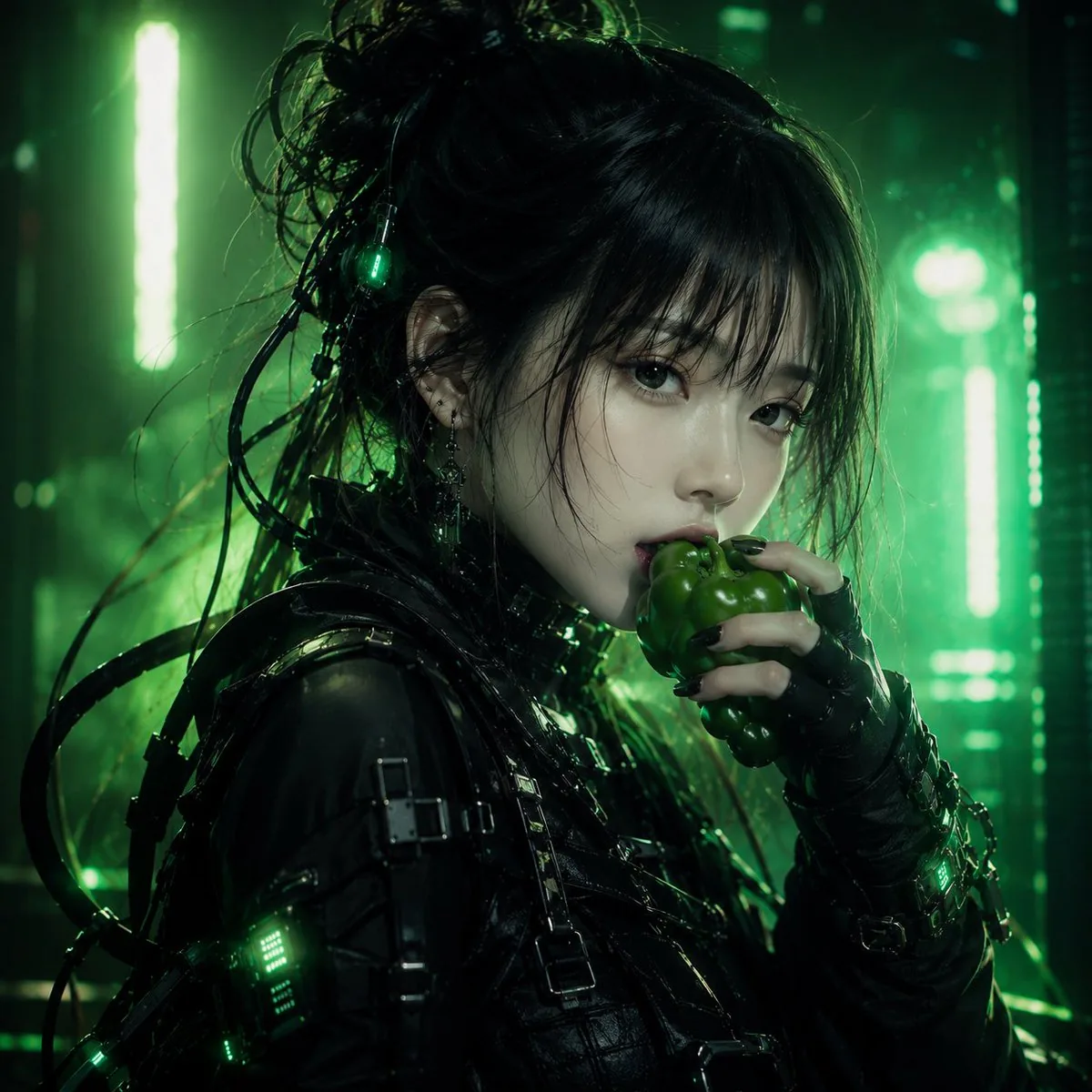 Cyberpunk Woman Eating Bell Pepper reference