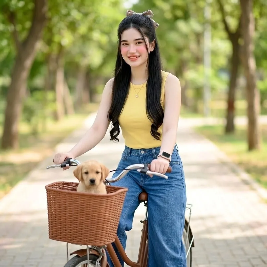 Woman Cycling With Dog in Park reference