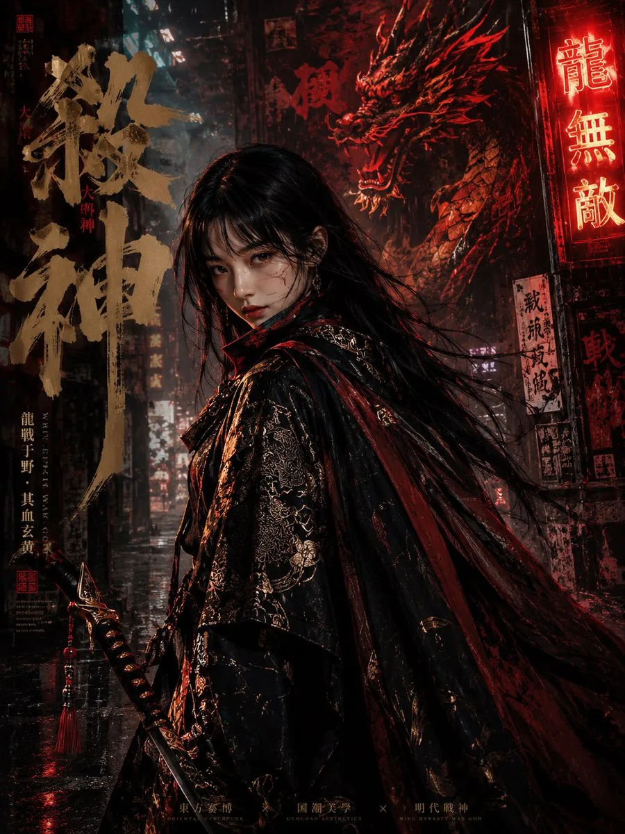 Cyberpunk Ming Dynasty Warrior Poster reference