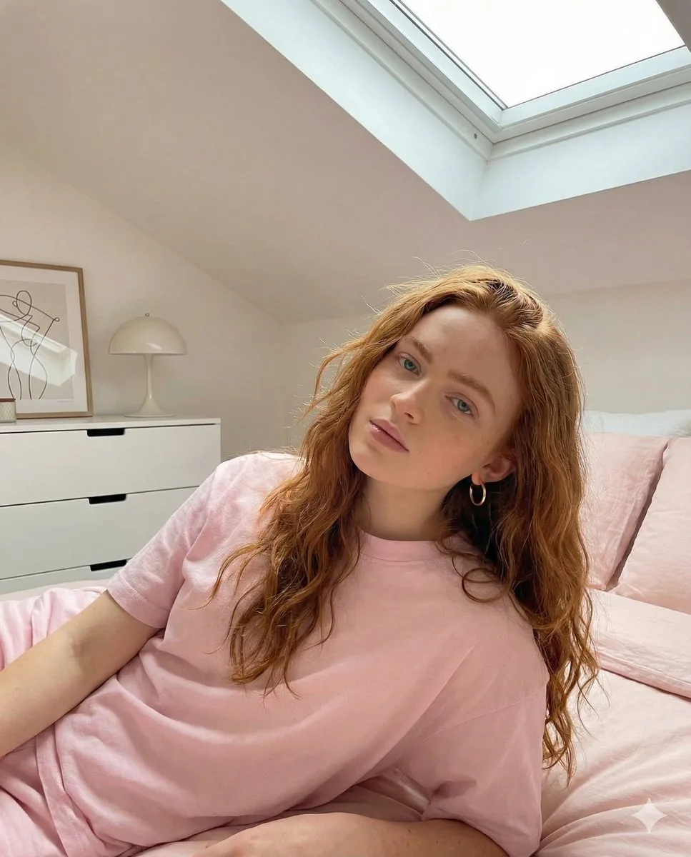 Bold Pink Statement Fashion Editorial Portrait (Sadie Sink) - Nano Banana Pro AI Prompt for Social Media Post reference