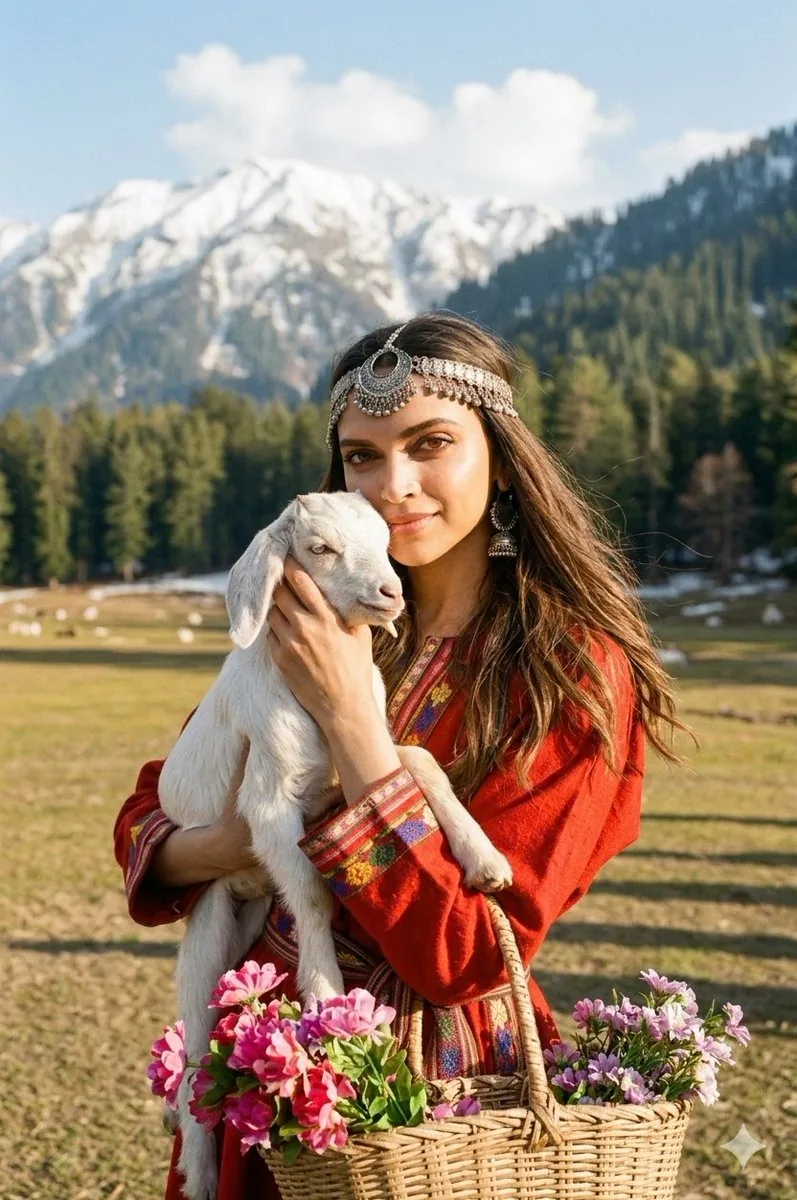 Cinematic Portrait of Kashmiri Woman with Baby Goat - Nano Banana Pro AI Prompt for Social Media Post reference