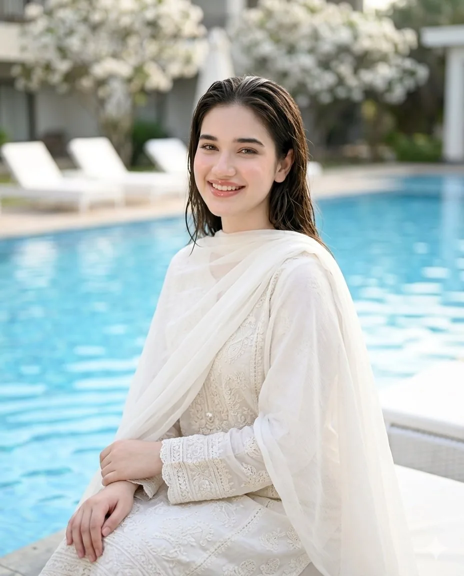 Poolside White Pakistani Fashion Portrait reference