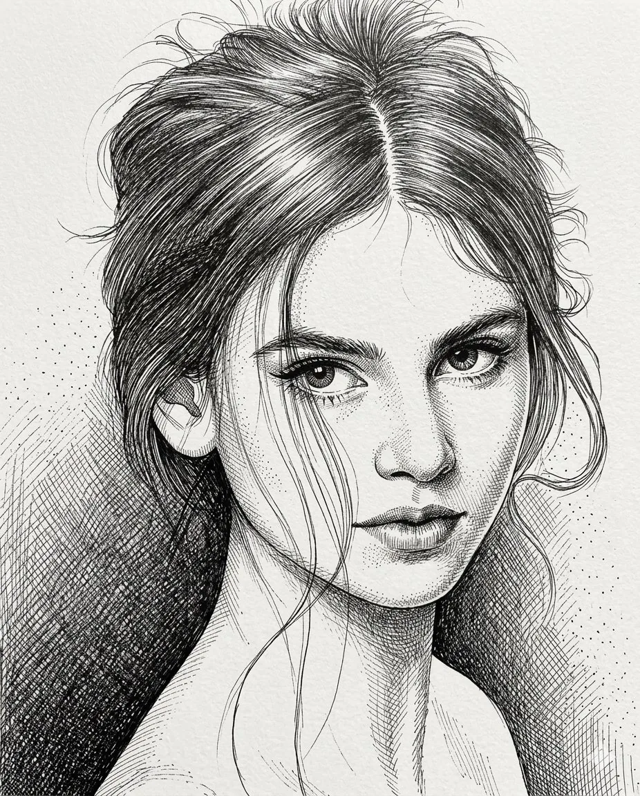 High-Contrast Pen and Ink Portrait reference