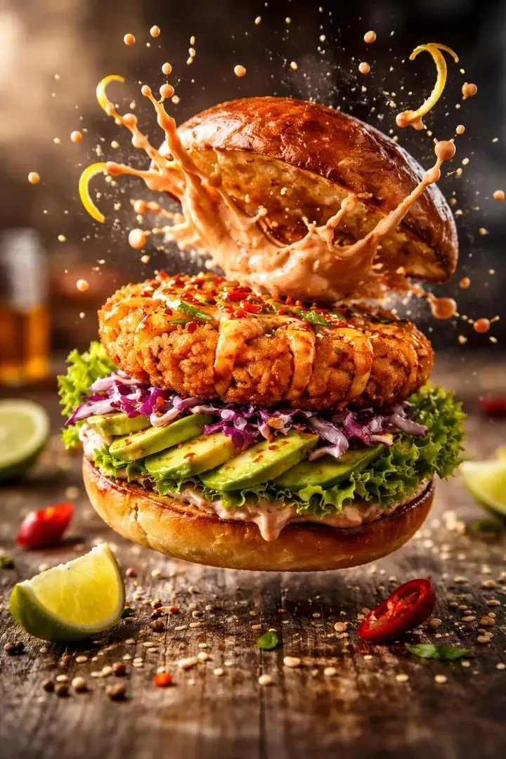 Cinematic Mid-Air Shrimp Burger Photo Prompt reference