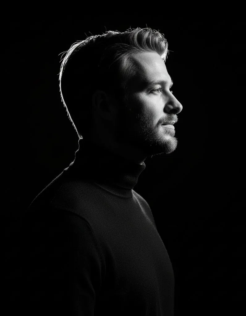 High-contrast rim-lit black and white conceptual side-profile portrait - Nano Banana Pro AI Prompt for Profile / Avatar reference