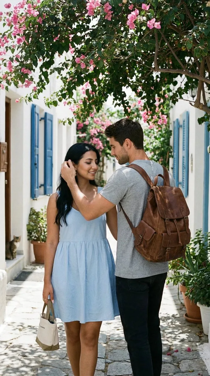 Ultra-Photorealistic Candid Travel Romance Scene: Aegean Stone Street - Nano Banana Pro AI Prompt for Social Media Post reference