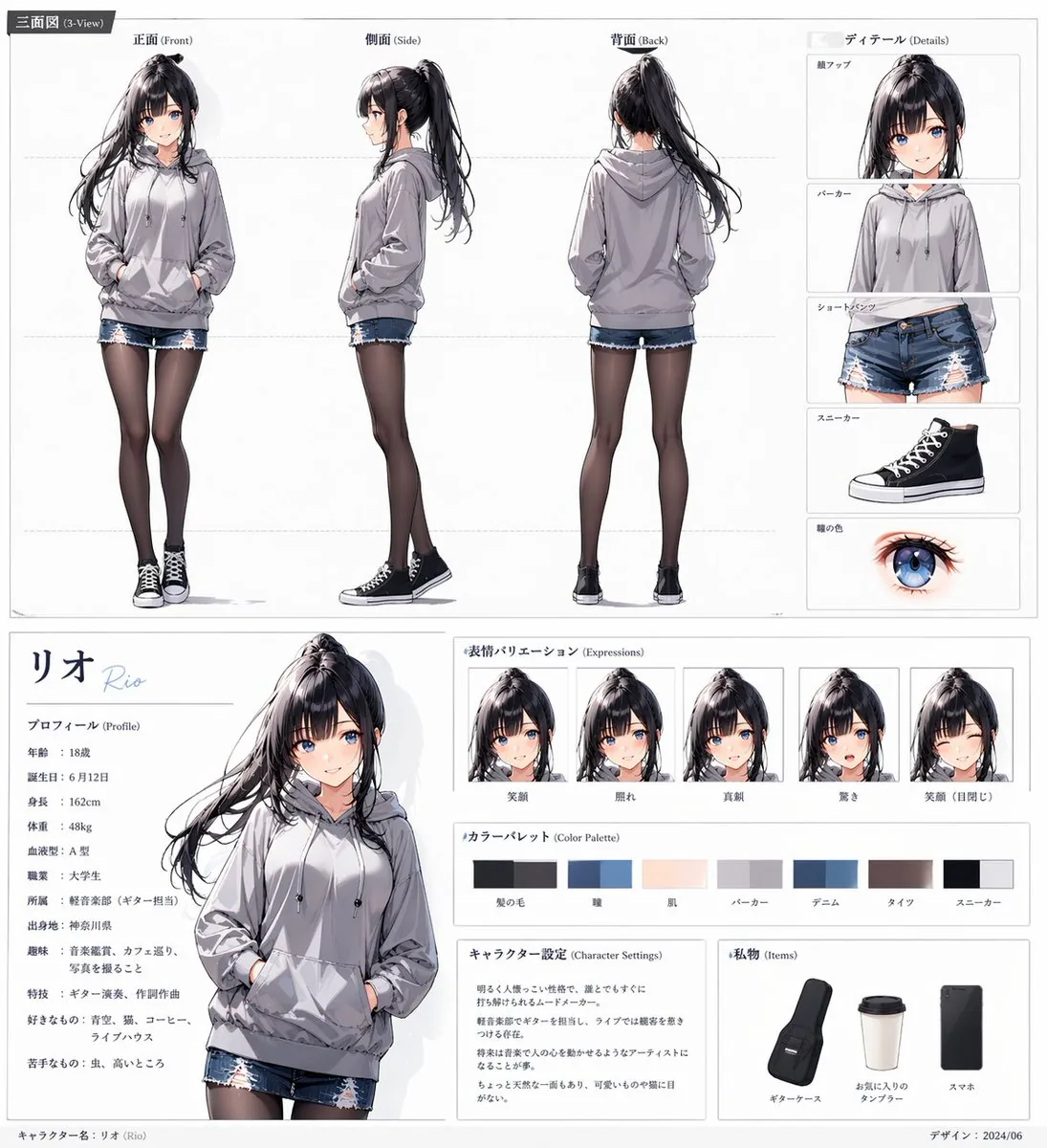 Anime Character Sheet for Rio reference