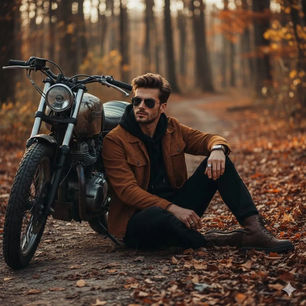 Cinematic Autumn Portrait of Man with Vintage Motorcycle reference