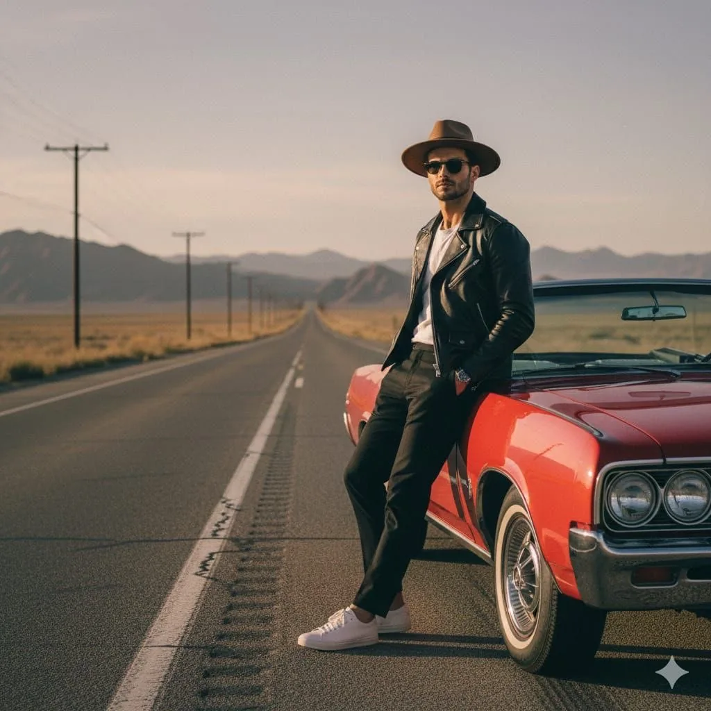 Cinematic Desert Highway Fashion Portrait Prompt reference