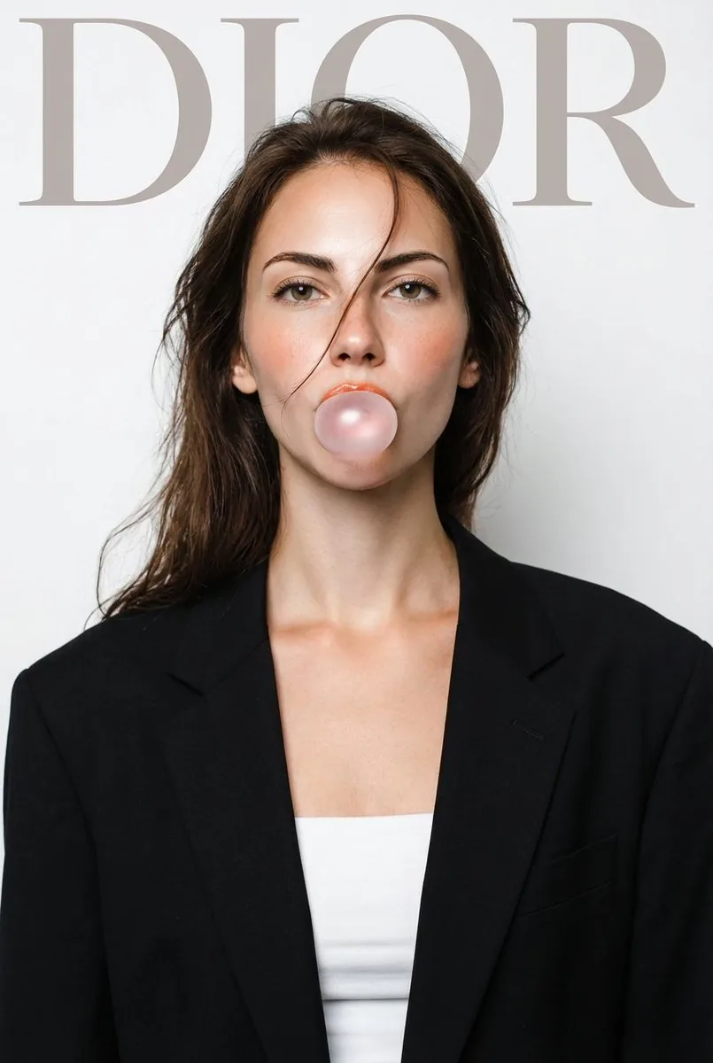 DIOR High-Fashion Studio Portrait with Bubble Gum reference