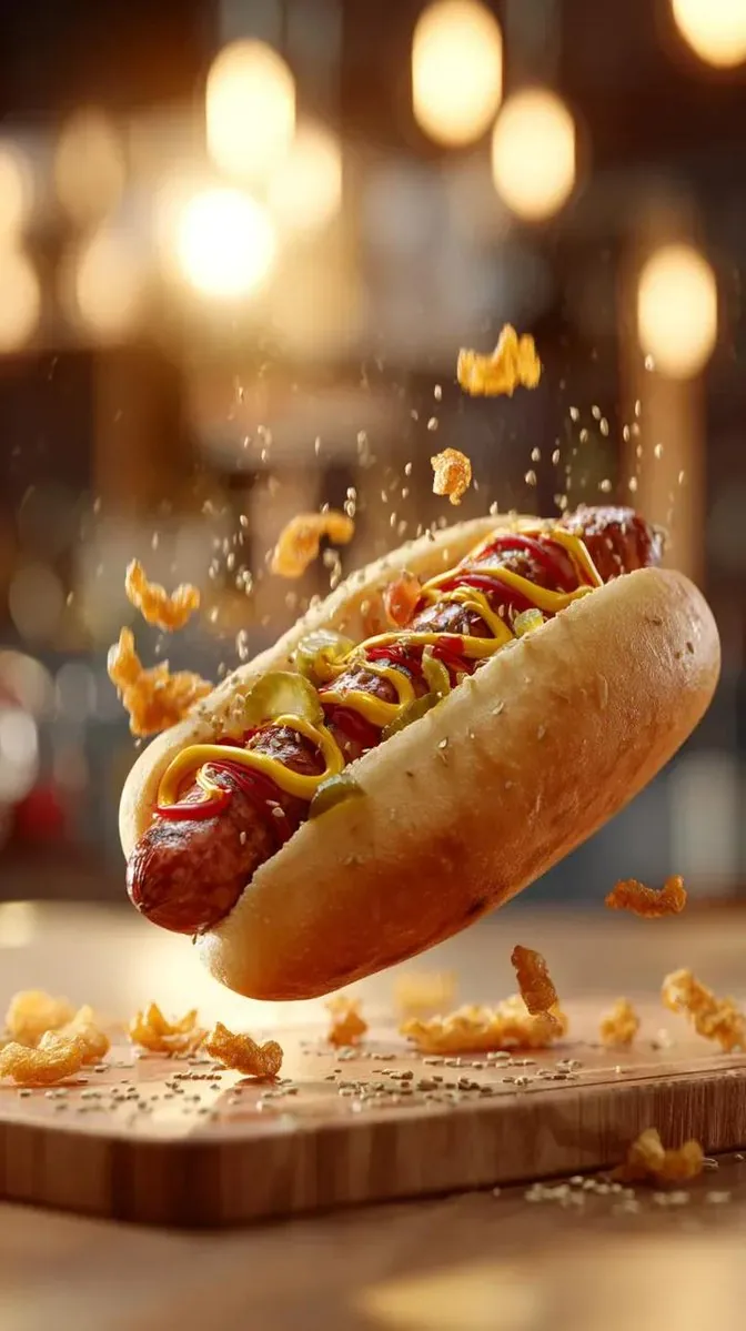 Gourmet Hotdog Mid-Air Drop Cinematic Shot reference