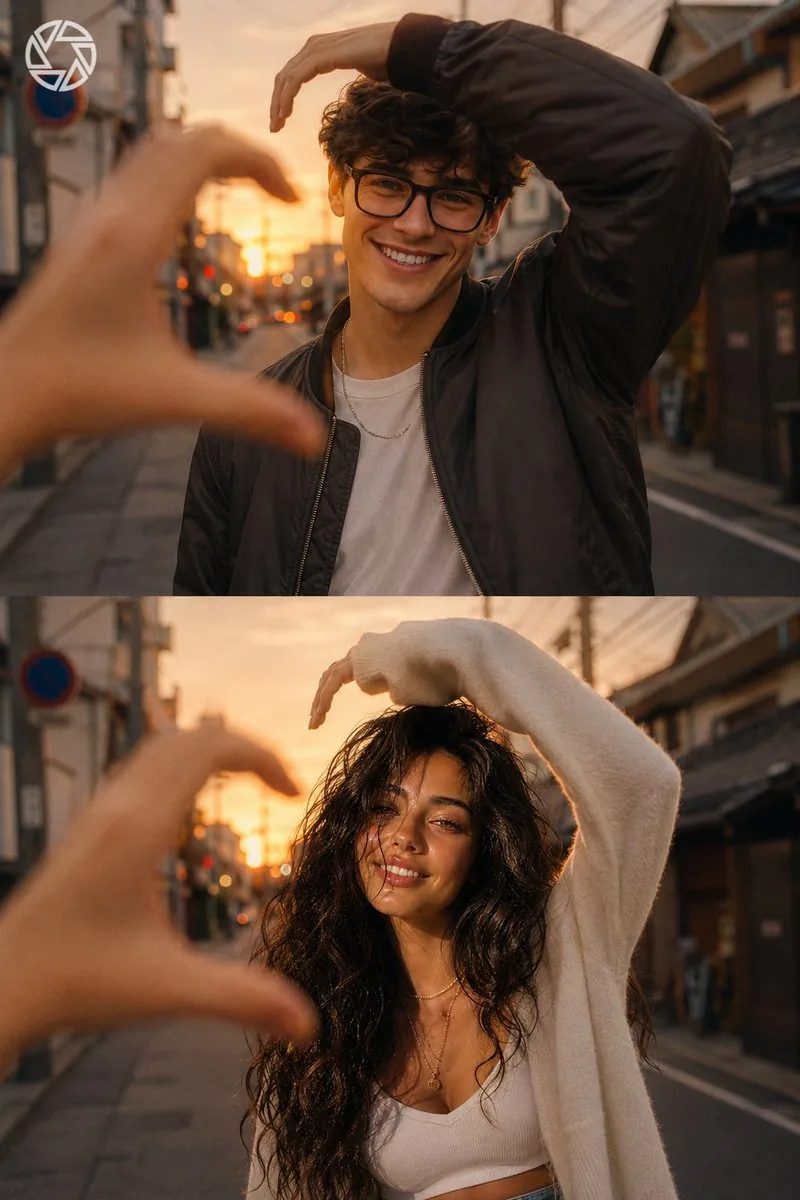 Cinematic Sunset Heart-Pose Collage reference