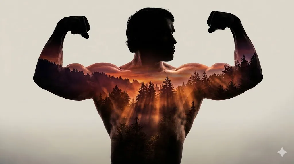 Arnold Schwarzenegger Silhouette with Volumetric Mountain Forest - Nano Banana Pro AI Prompt for Poster / Flyer reference