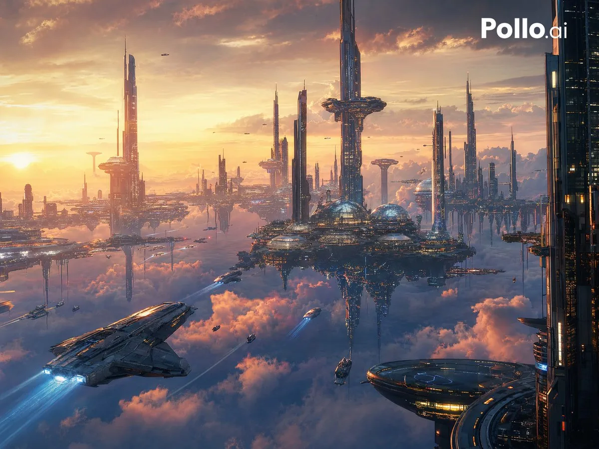 Futuristic Floating City at Sunset reference