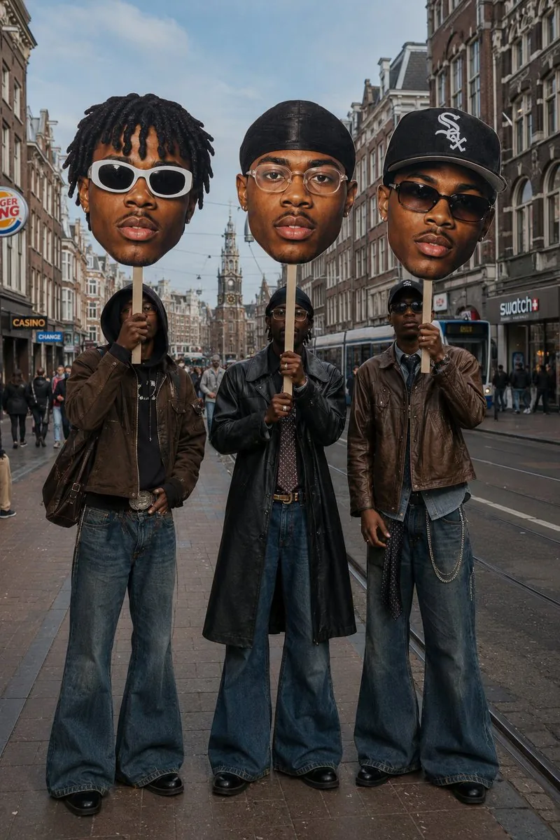 Surreal Fashion Street Scene with Oversized Heads reference
