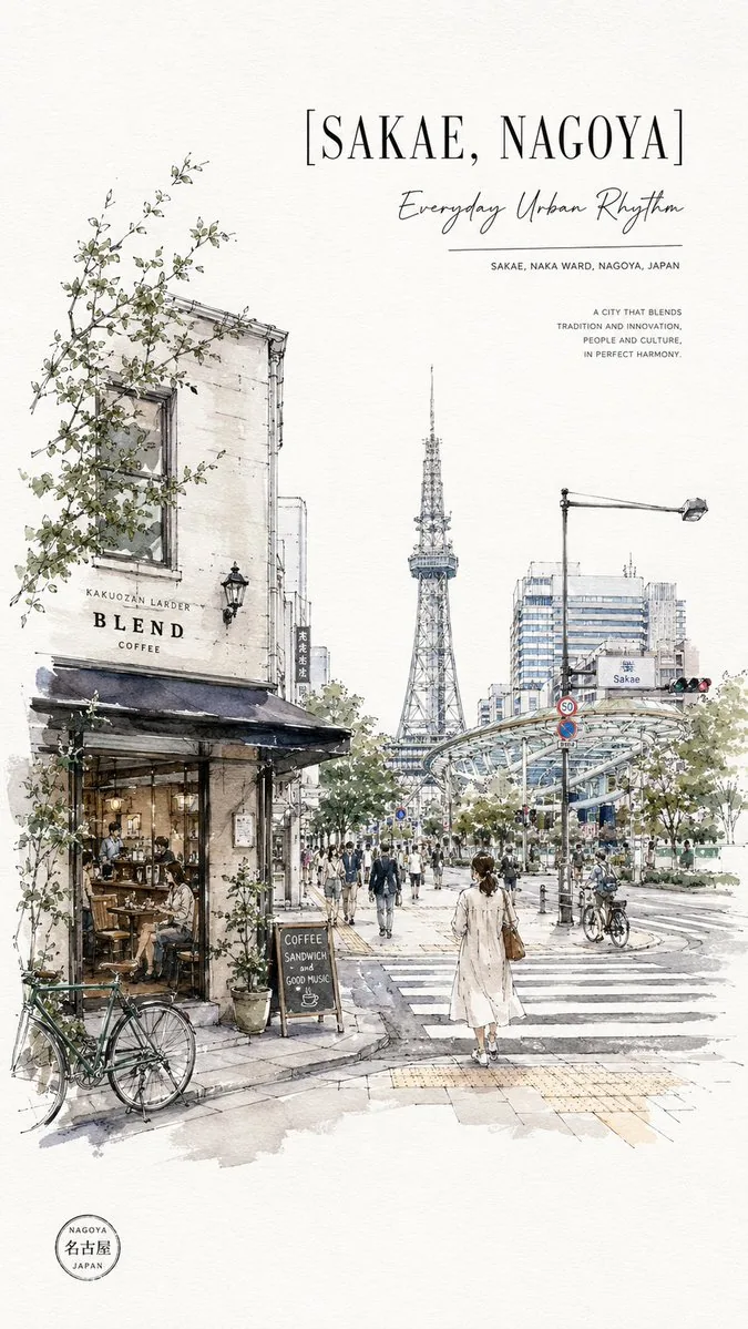 Sakae Nagoya Watercolor Travel Poster reference