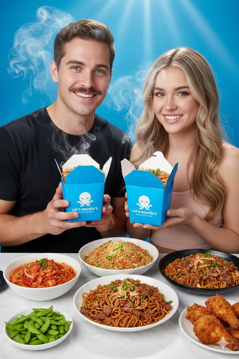 Vibrant Food Photography with Couple and Noodle Boxes - Nano Banana Pro AI Prompt for Social Media Post reference