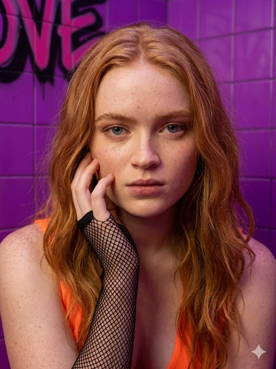Neon Orange Fashion Portrait of Sadie Sink - Nano Banana Pro AI Prompt for Social Media Post reference