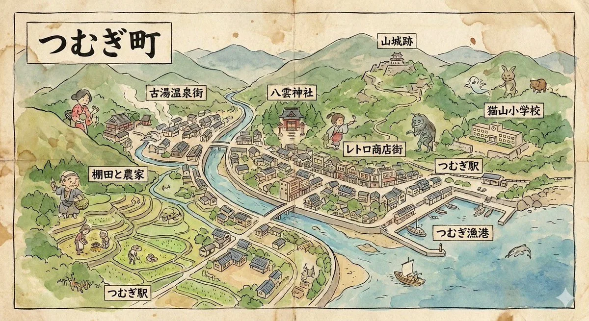 Hand-drawn map of a fictional Japanese town reference