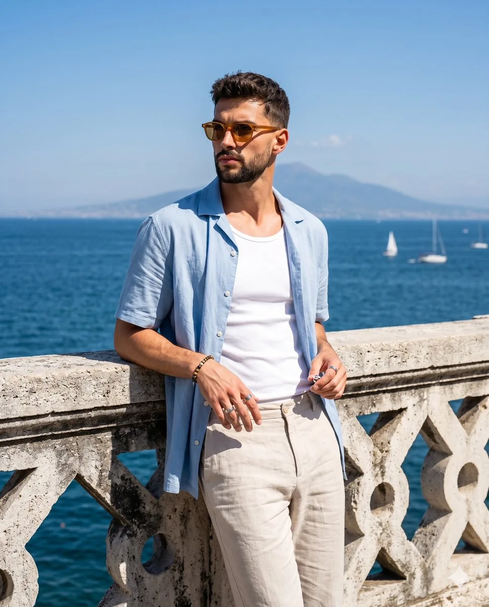 Mediterranean Summer Male Lifestyle Portrait - Nano Banana Pro AI Prompt for Product Marketing reference