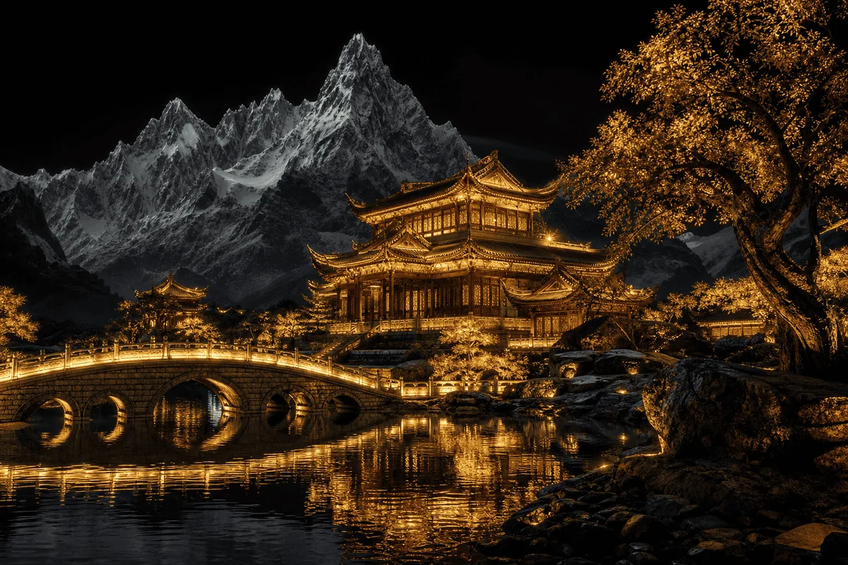 Golden Temple Lake at Night reference