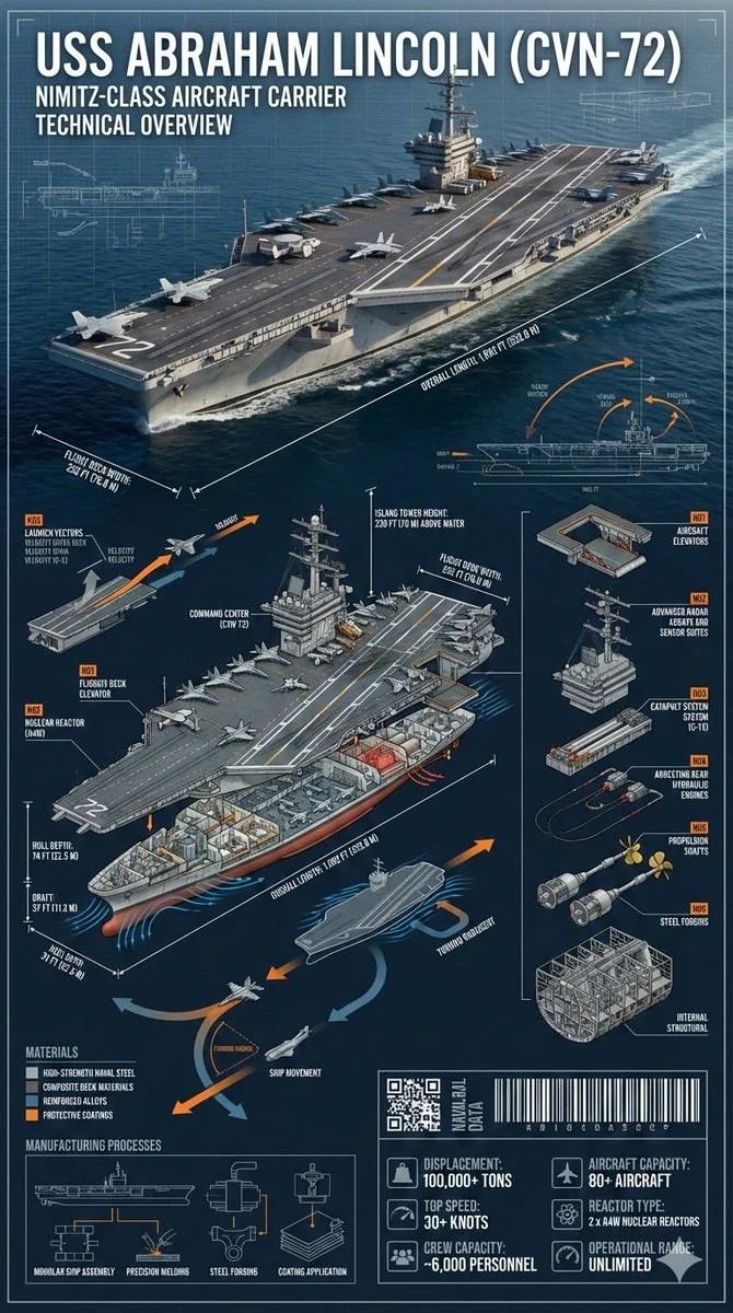 Cinematic Engineering Infographic of USS Abraham Lincoln - Nano Banana Pro AI Prompt for Infographic / Edu Visual reference