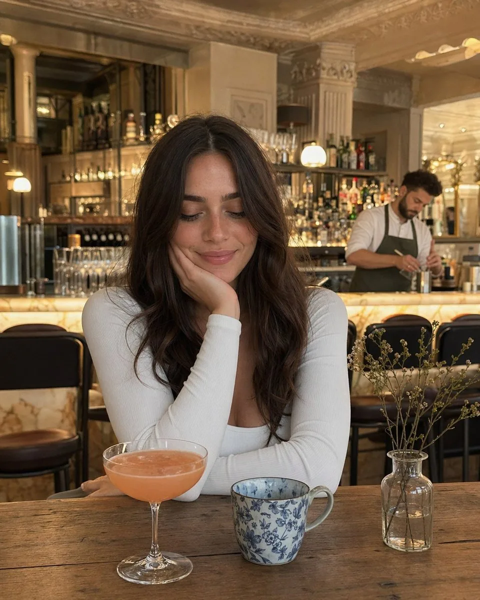Woman at Elegant Bar Cafe Table reference