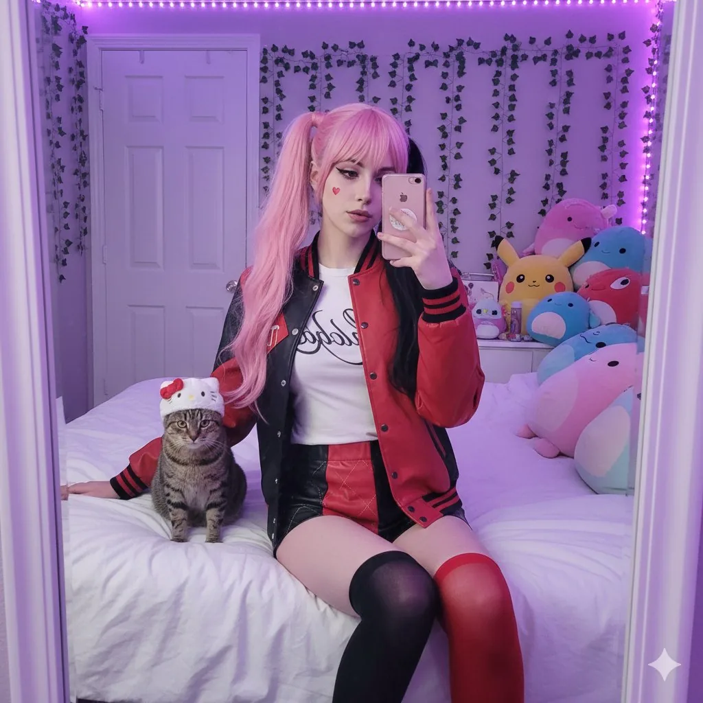 E-Girl Mirror Selfie with Cat Prompt - Nano Banana Pro AI Prompt for Social Media Post reference