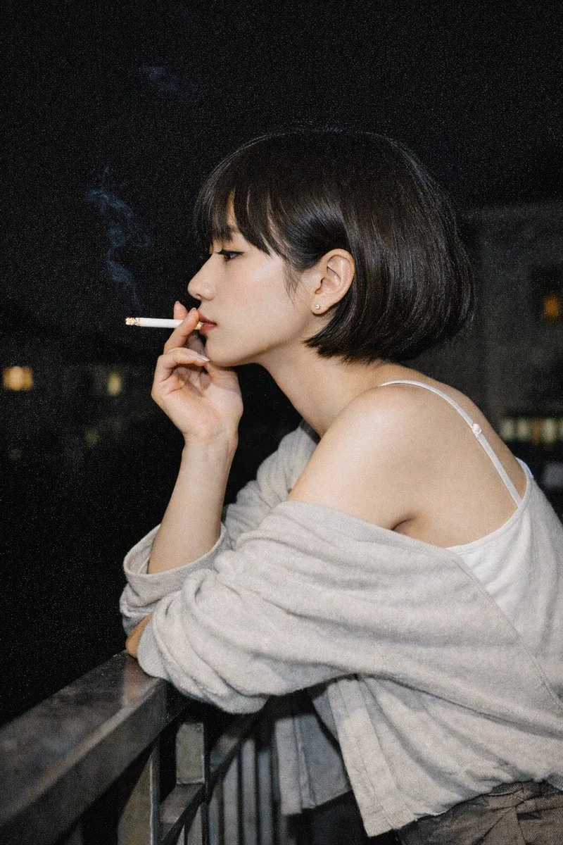 Cinematic Night Portrait of a Woman Smoking reference