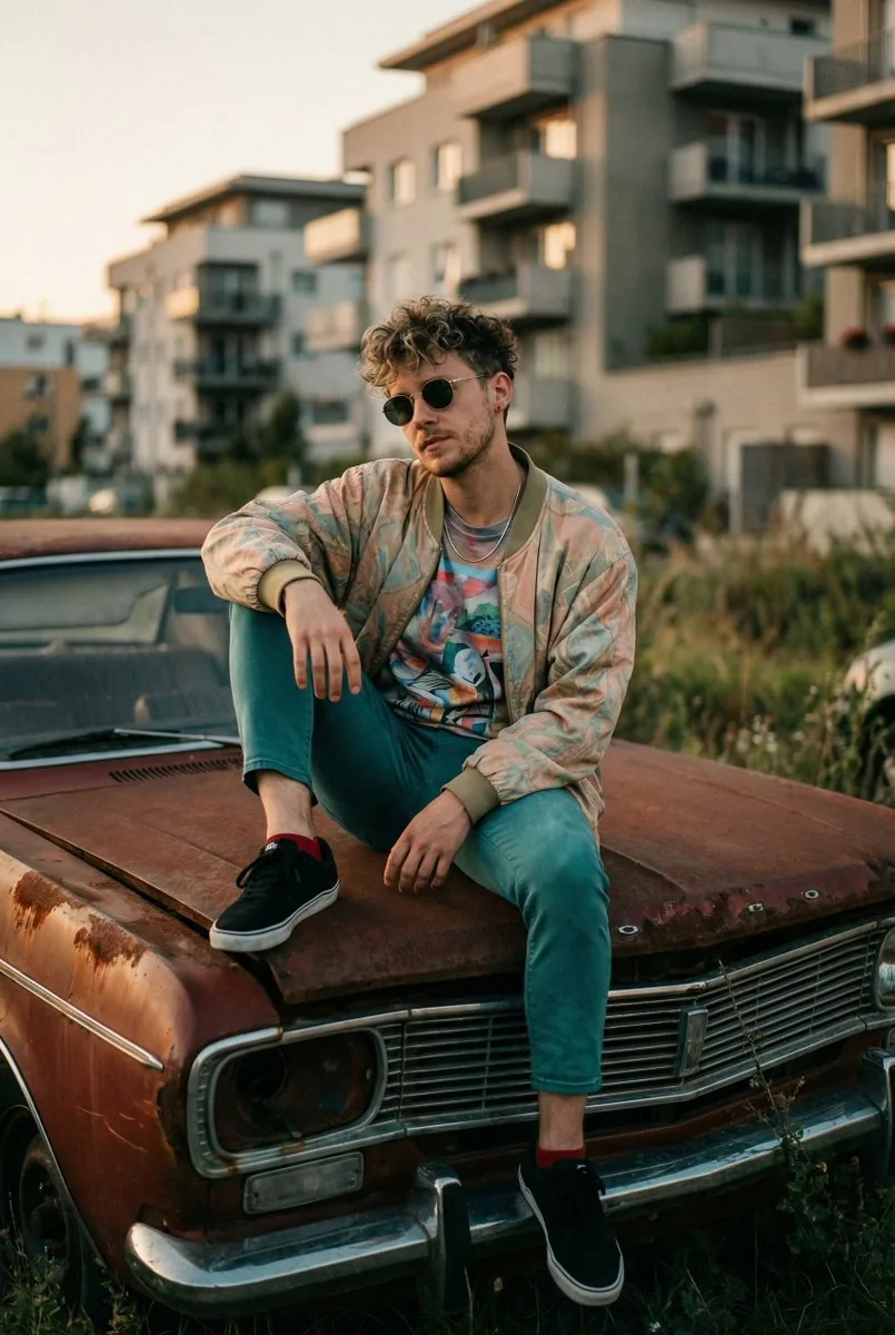 Urban Lifestyle Portrait on Rusted Vintage Car - Nano Banana Pro AI Prompt for Social Media Post reference