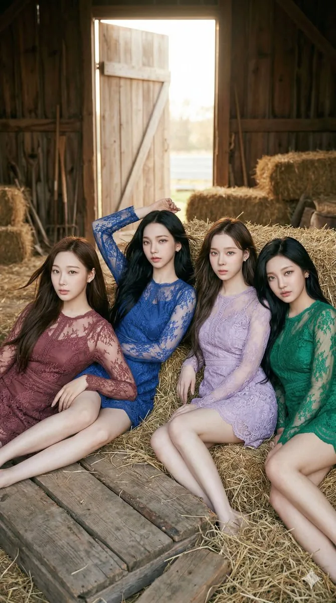 aespa in Lace Minidresses at a Rustic Barn - Nano Banana Pro AI Prompt for Social Media Post reference